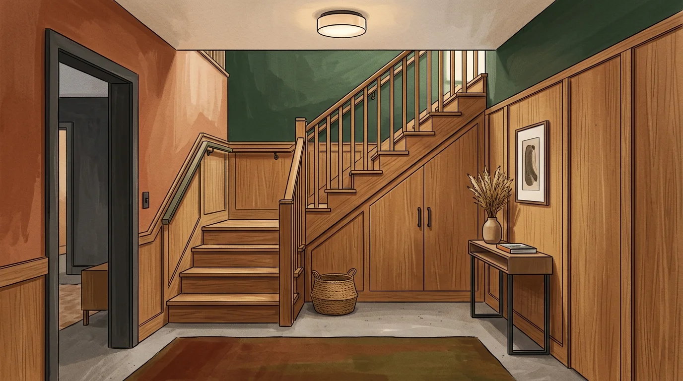 A gouache illustration of a stylish basement stairwell landing with wood paneling, a console table, and built-in storage.