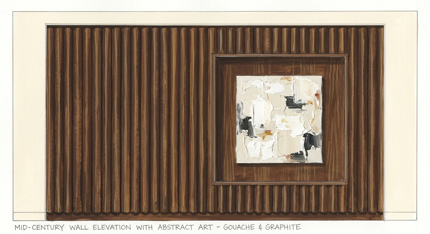 A gouache illustration of a warm walnut fluted wood wall with an inset minimalist white abstract canvas.