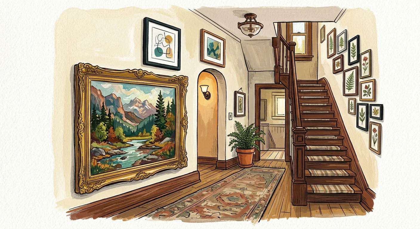 A gouache illustration of hallway walls with artwork hung at unexpected heights, including very low near the floor.