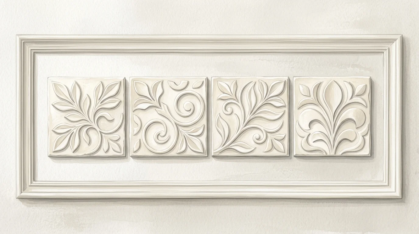 A gouache painting of monochromatic cream plaster relief tiles framed by elegant wall molding.