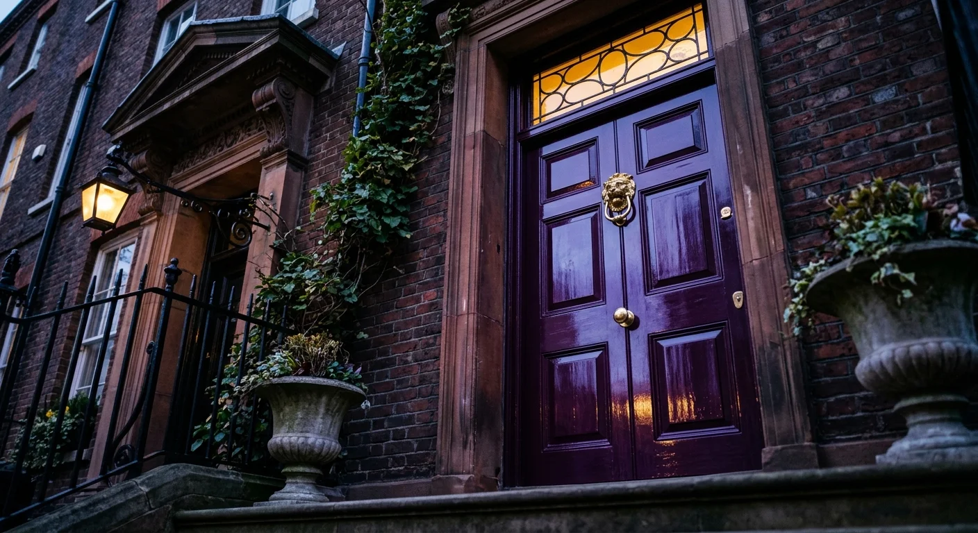 A grand glossy aubergine front door of a historic townhouse at dusk, featuring a gleaming brass lion-head knocker.