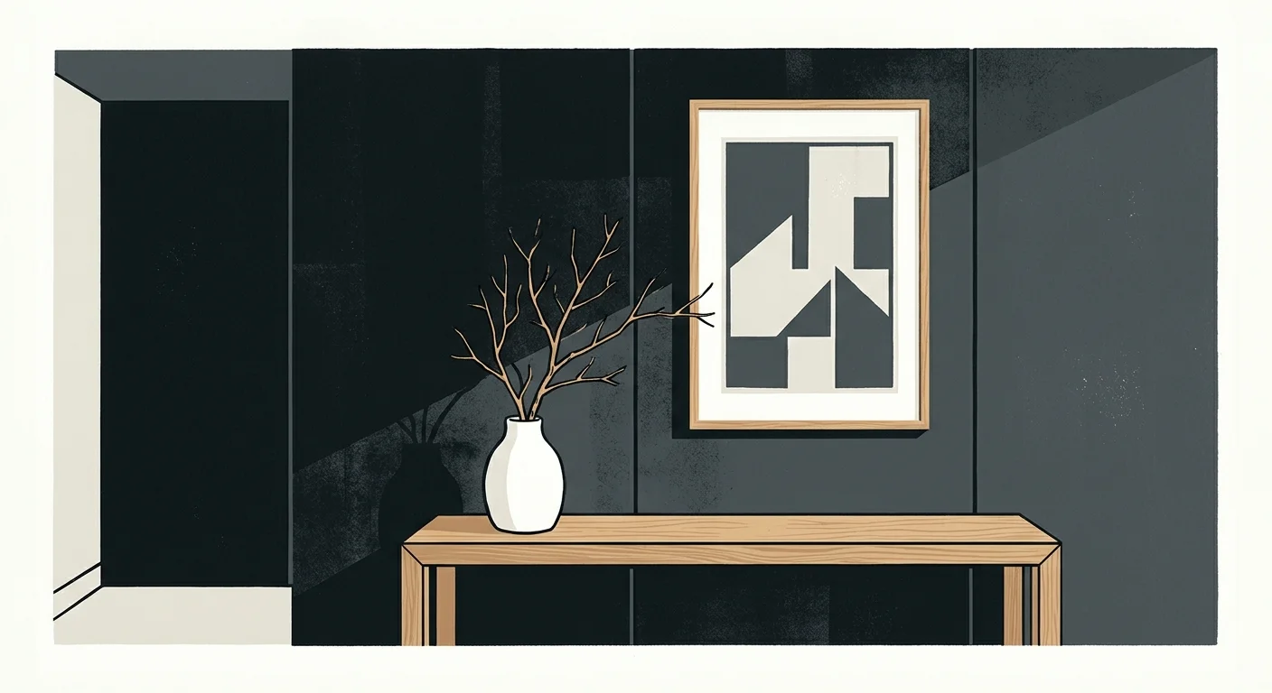 A graphic screenprint illustration of a minimalist interior with a dramatic, deep charcoal wall and a light oak console.