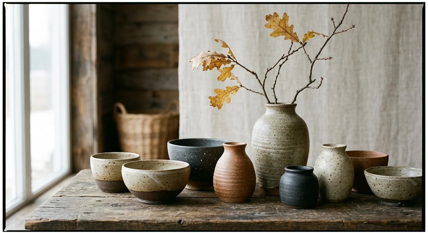 A group of hand-thrown speckled ceramic vases and bowls on a rustic wooden table under soft window light.