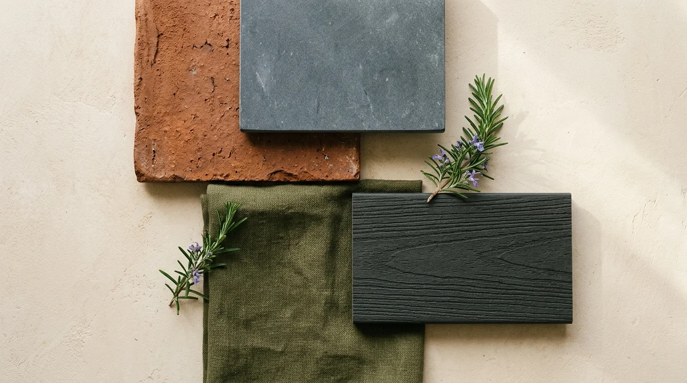 A high-angle flat-lay photograph of materials including terracotta tile, Belgian bluestone, and olive-green linen on plaster.