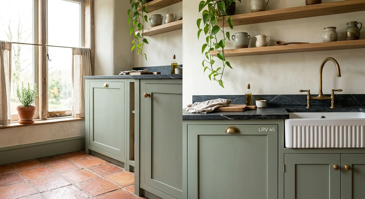 A kitchen corner featuring muted sage cabinets, unlacquered brass hardware, and rustic terracotta floor tiles.