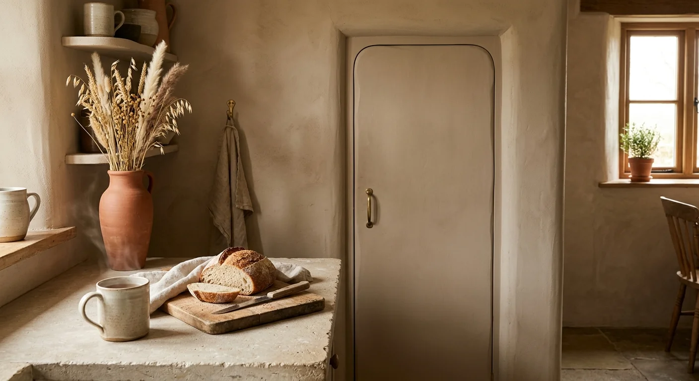 A kitchen corner painted in a matte mushroom-tan color with textured limestone countertops and soft morning light.
