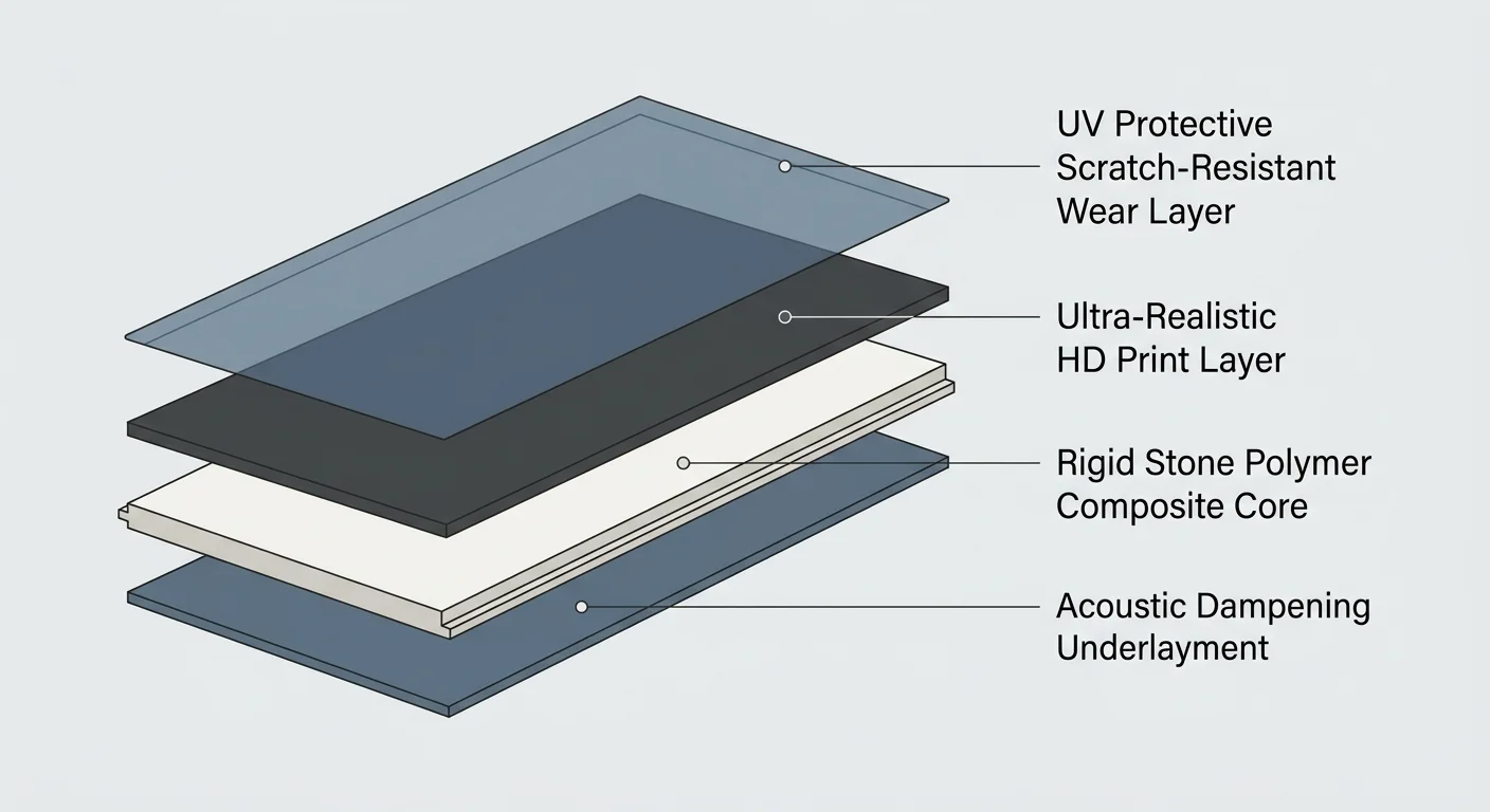 A labeled exploded 3D diagram showing the technical layers of a rigid core SPC flooring plank, from wear layer to underlayment.
