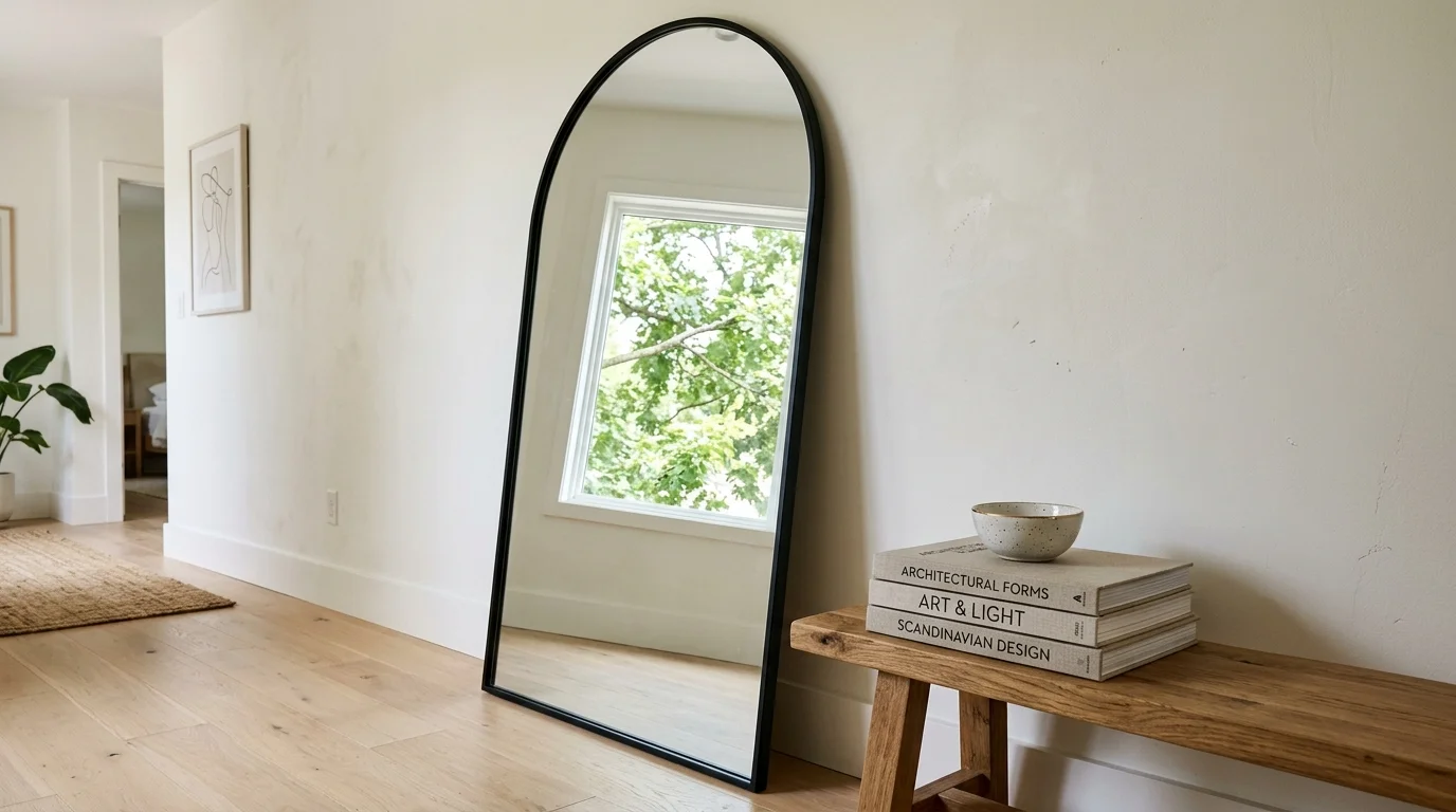 A large arched floor mirror with a black frame leaning against a wall, reflecting a sunlit window and green leaves.