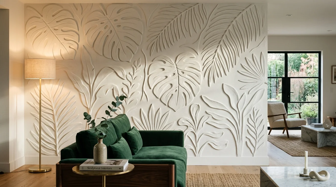 A large-scale botanical bas-relief plaster carving integrated into a matte white living room wall, illuminated by warm side lighting.