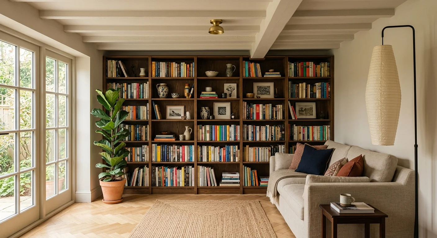 A living room with a low ceiling featuring a tall, floor-to-ceiling bookcase and a slender floor lamp that draw the eye upward.