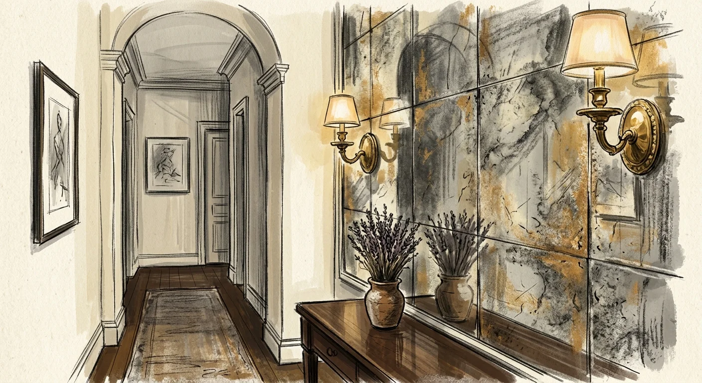 A loose gouache illustration of a hallway accent wall made of foxed antique mirror panels reflecting a warm brass sconce.