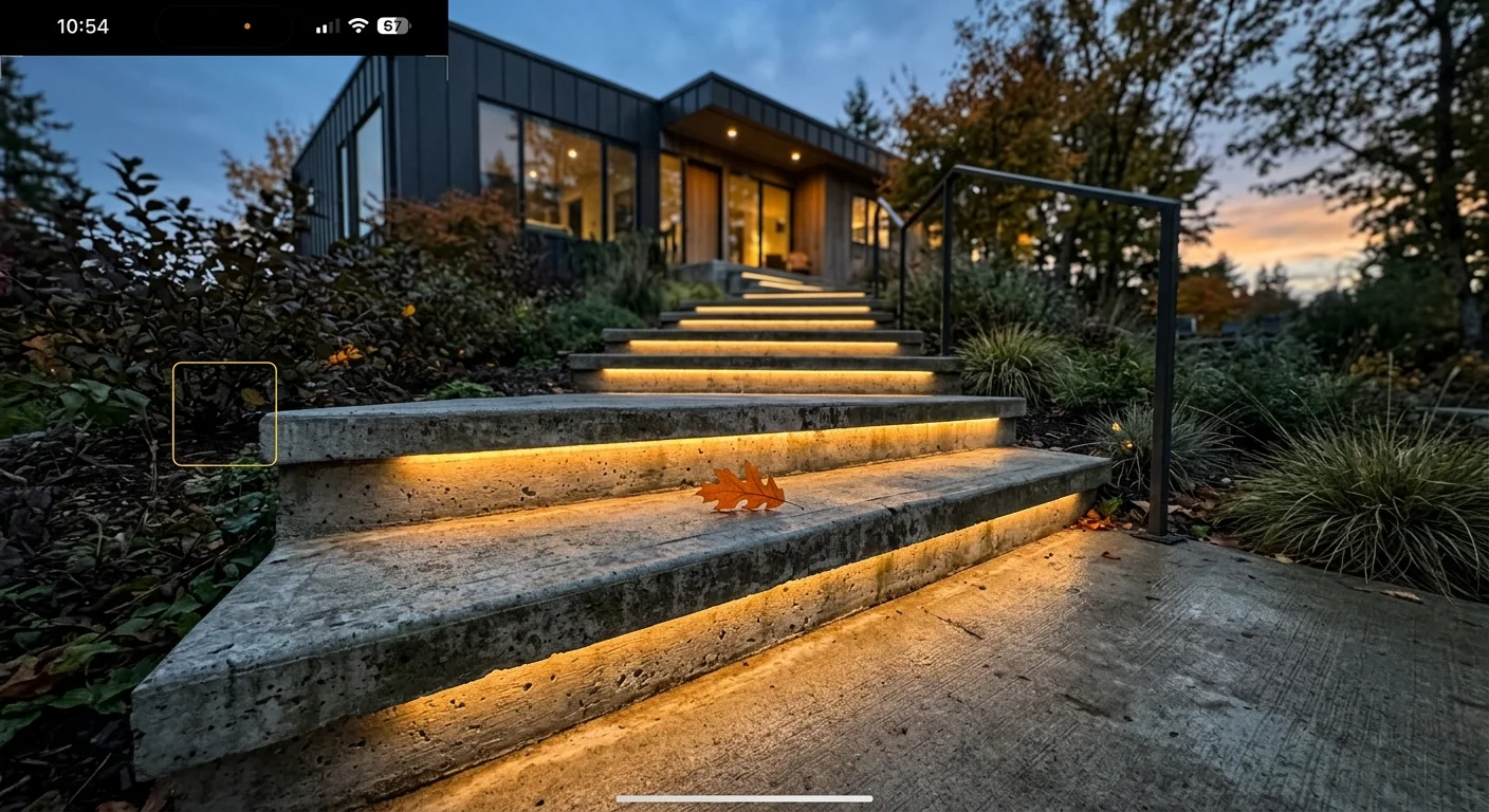 A low-angle snapshot of concrete steps illuminated by warm LED strip lights hidden under each tread.