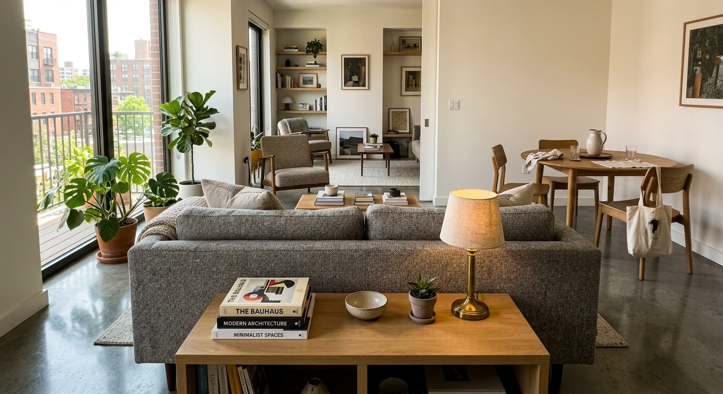 A low grey sofa and backing console table dividing a modern living space from an adjacent dining area.