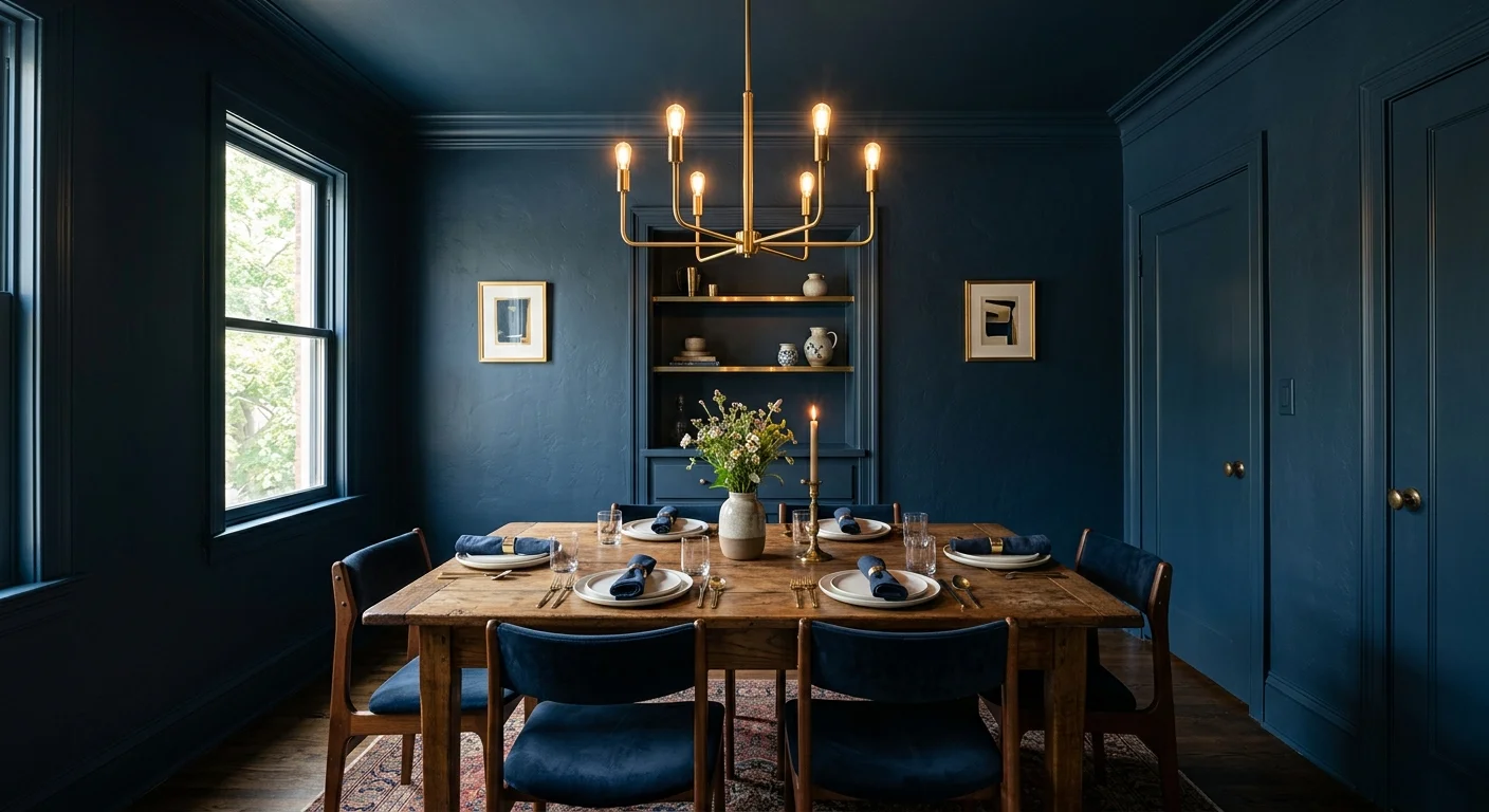 A luxurious dining room painted entirely in moody matte navy blue, including the trim and ceiling.
