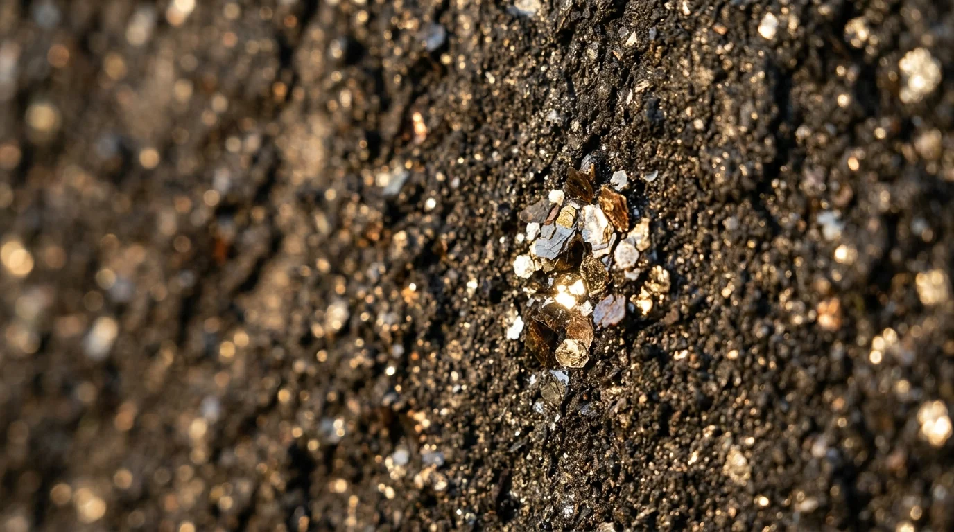 A macro photograph of a dark bronze mica mineral wall slurry, with tiny mica flakes sparkling in warm, grazing sunlight.