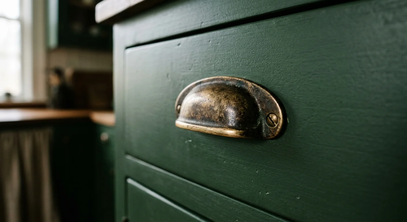 A macro shot of an antique, patinated living brass handle mounted on a matte forest green cabinet door.