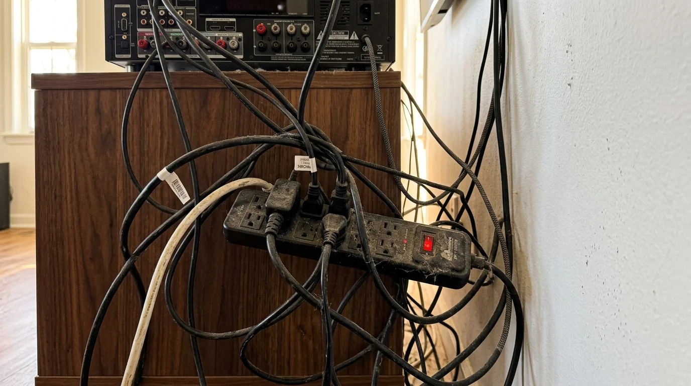 A messy tangle of power cords and HDMI cables hanging loosely behind a walnut wooden media console.