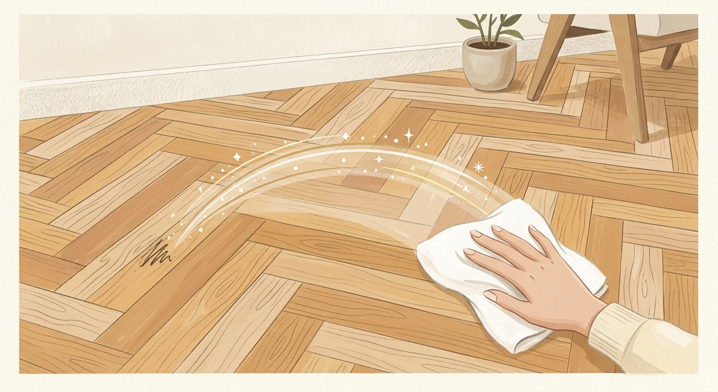 A mid-century modern gouache illustration of a hand wiping a sleek herringbone wood floor, with a stylized arc removing a scuff mark.
