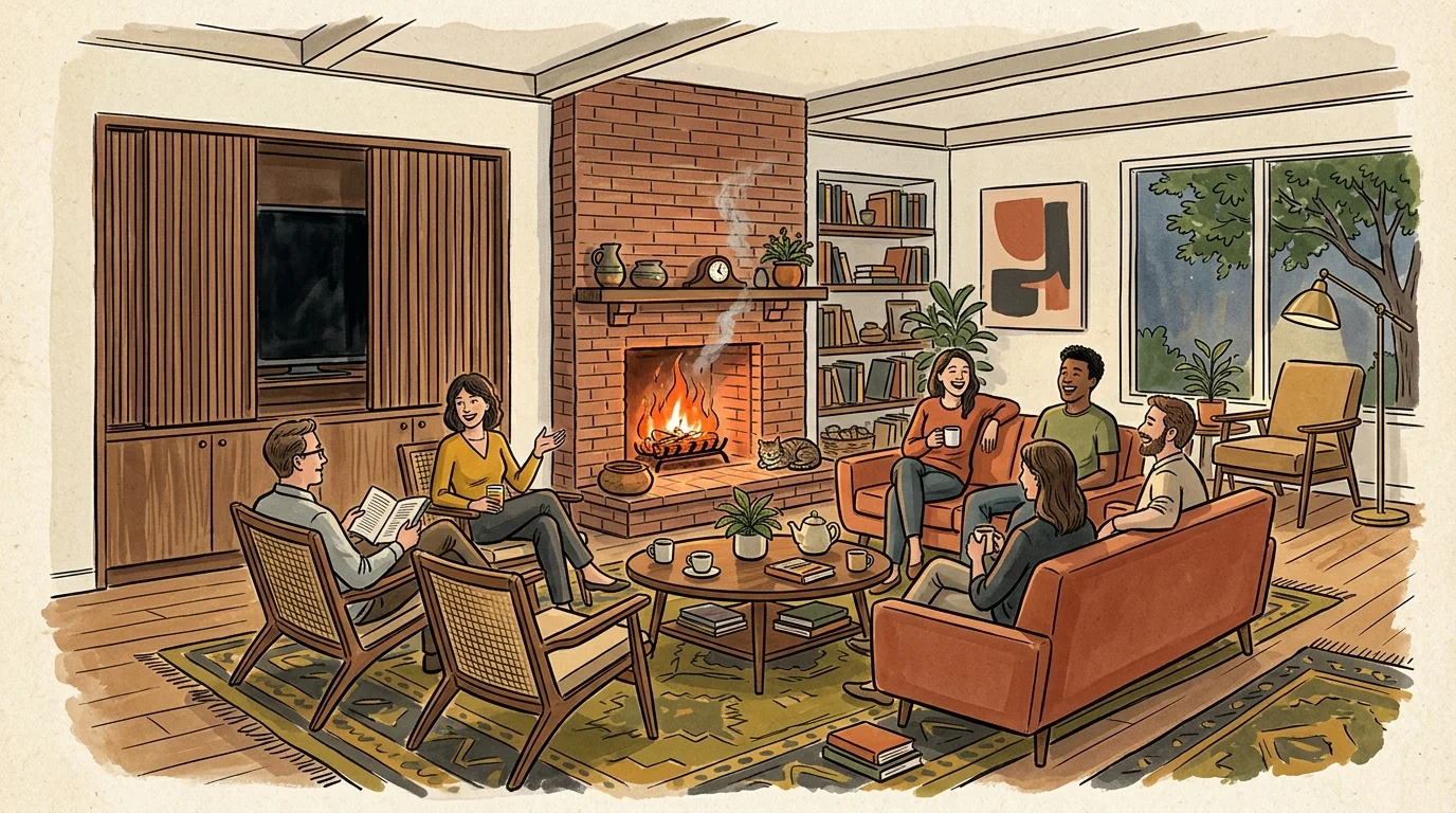 A mid-century modern illustration of a living room where seating faces a fireplace and the TV is hidden behind wooden slat doors.