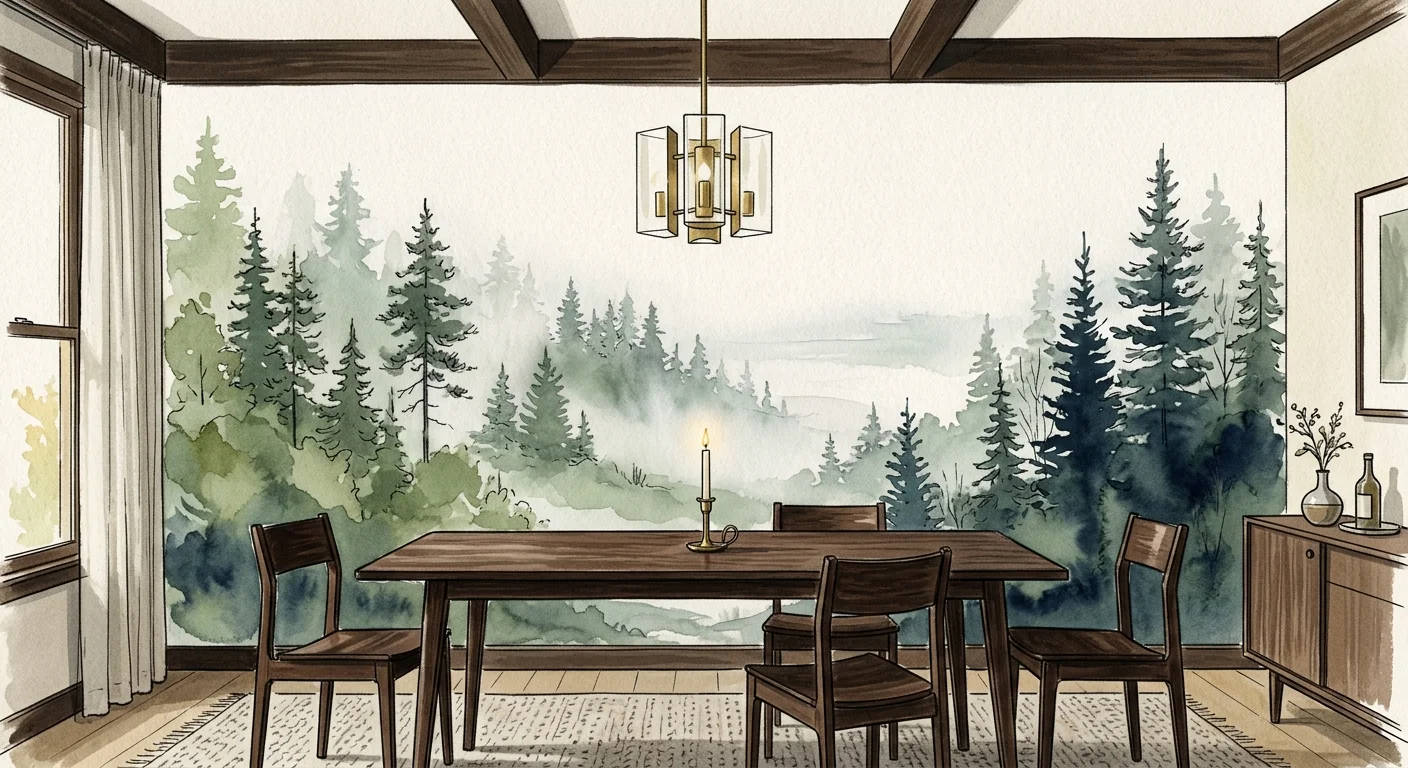 A mid-century style gouache illustration of a dining room with a misty, forest-themed panoramic mural wall.