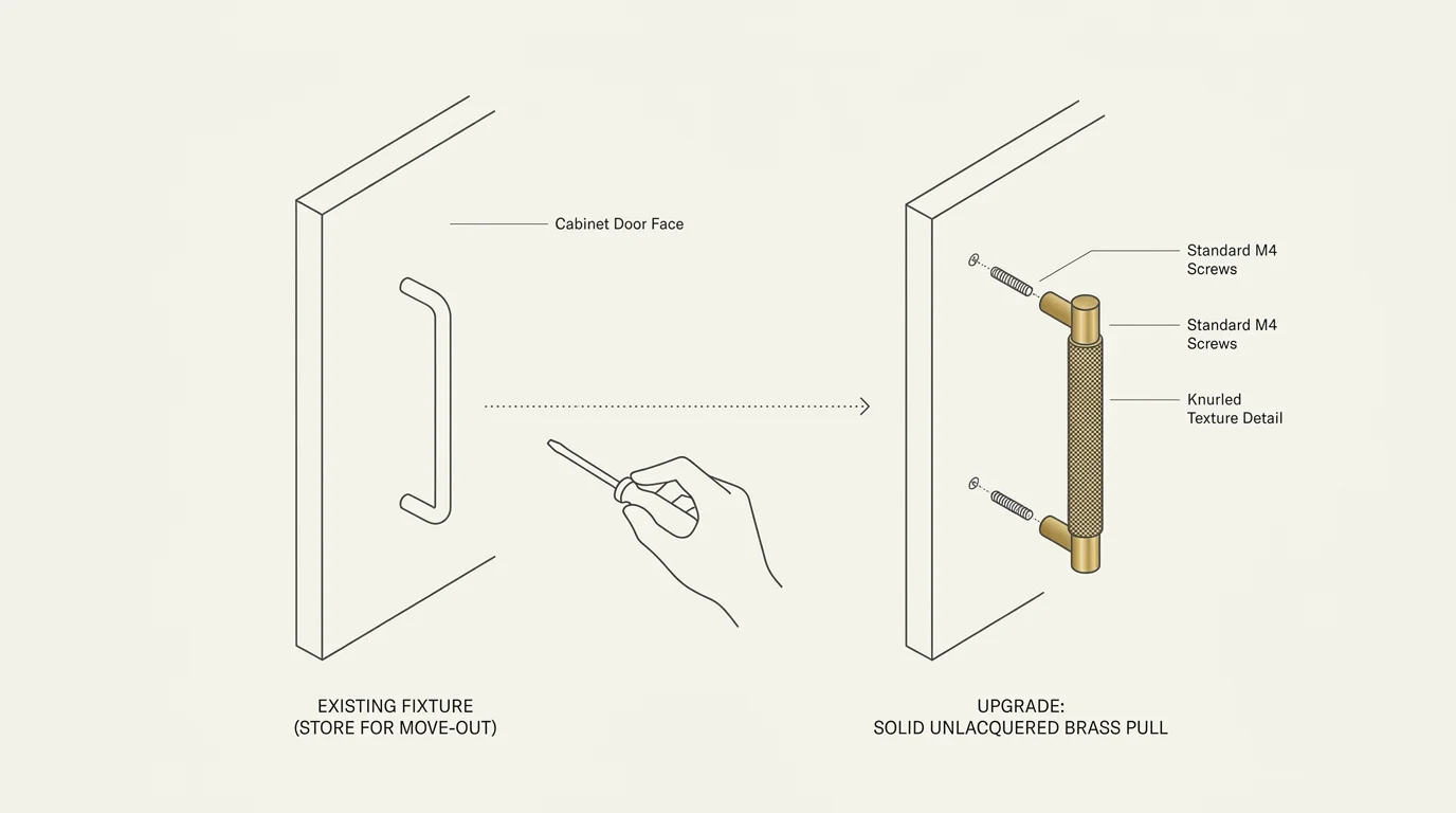A minimalist architectural diagram illustrating how to temporarily swap standard rental cabinet pulls for solid brass hardware.