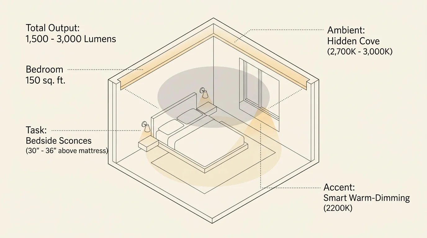 A minimalist architectural diagram of a bedroom layout detailing ambient, task, and accent lighting layers with lumen and height specs.
