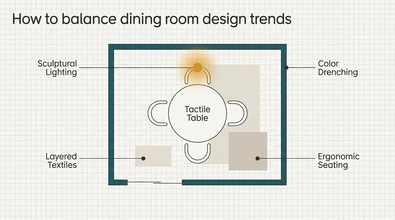 A minimalist design map diagram showing how to balance lighting, seating, textiles, and color in a dining room layout.