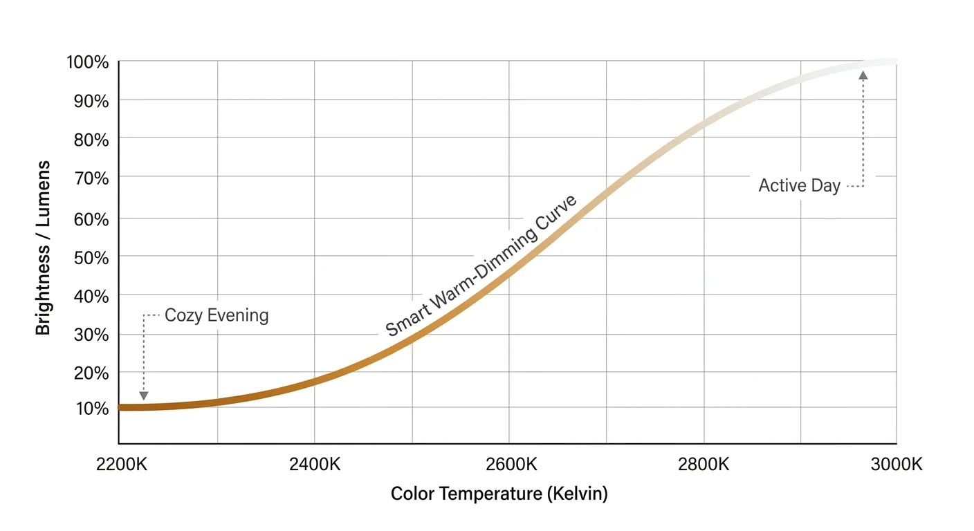 A minimalist diagram showing a smart warm-dimming curve, mapping light brightness to warm color temperatures from 2200K to 3000K.