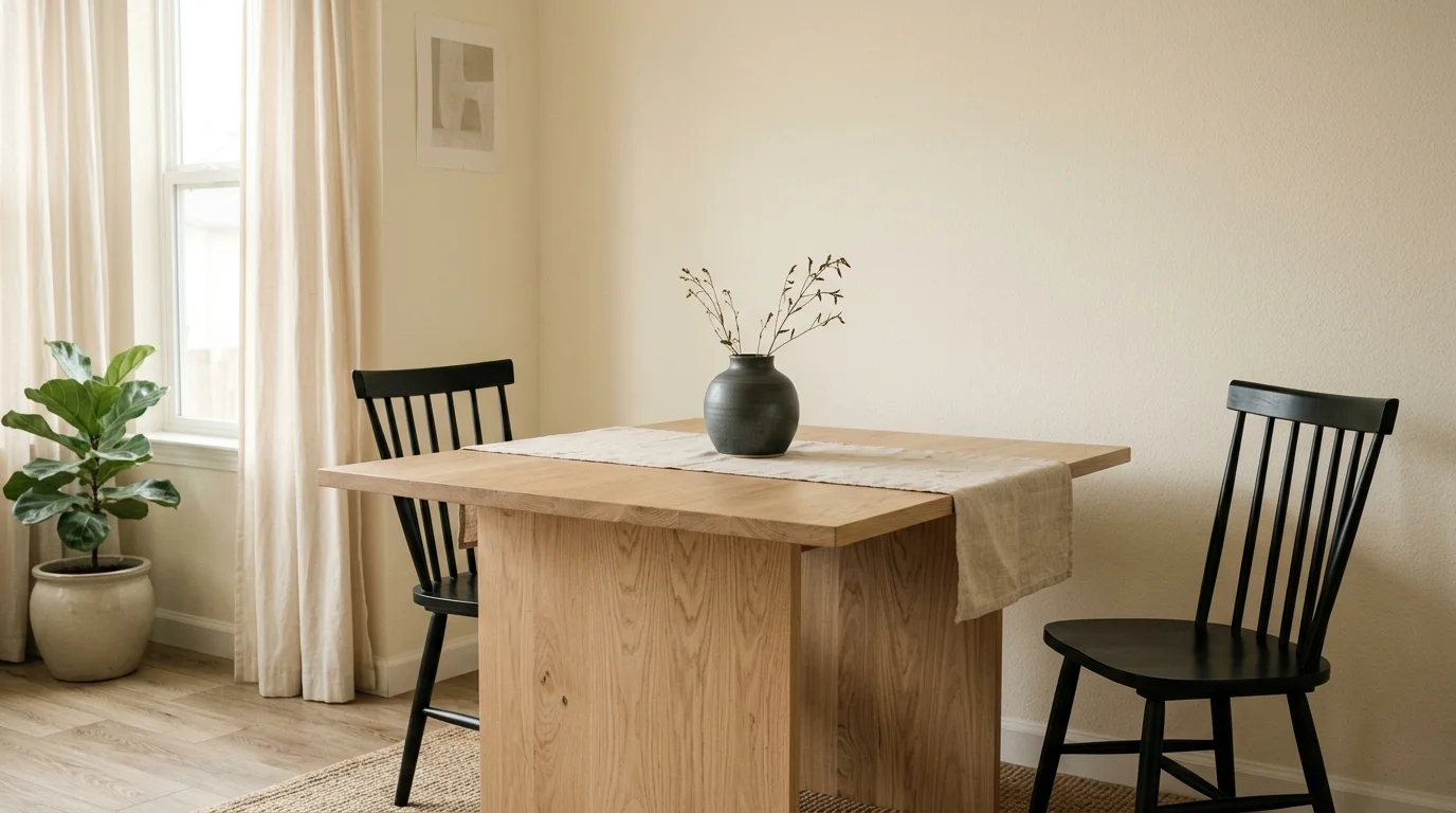 A minimalist dining space featuring a pale oak table, matte black spindle chairs, and a single ceramic vase on a linen runner.