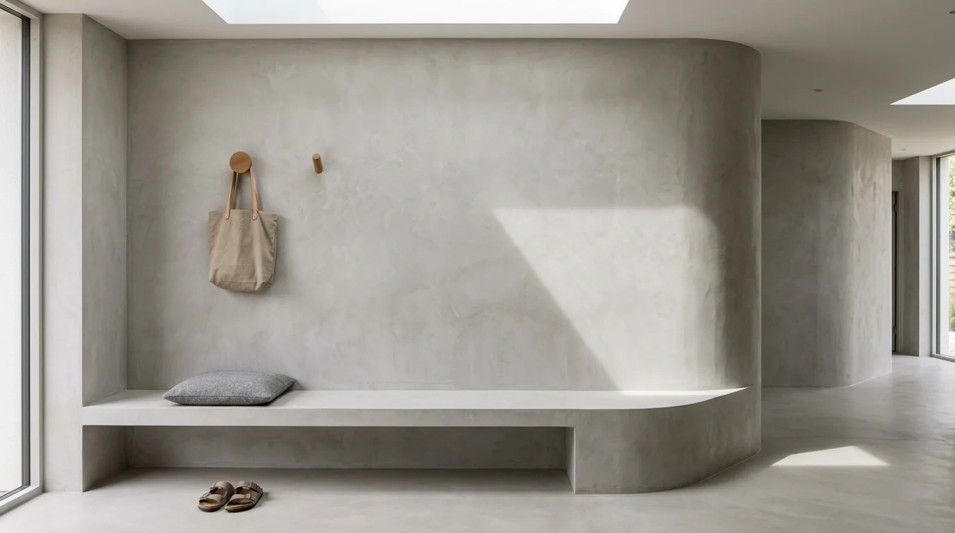 A minimalist entryway with seamless, light gray microcement coating on the walls and a built-in bench.