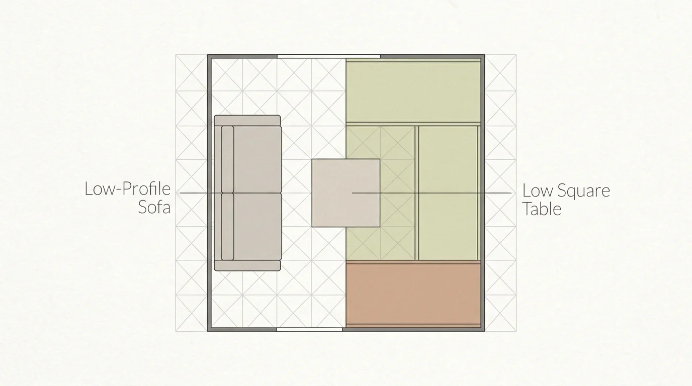 A minimalist floor plan diagram displaying a Japandi-style living room layout aligned on a precise geometric grid.