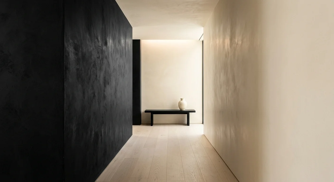 A minimalist hallway showing the contrast between a textured charcoal black wall and a warm alabaster plaster wall.