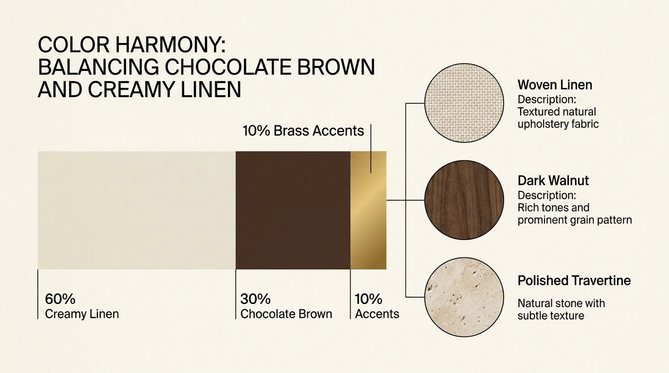 A minimalist infographic showing a 60-30-10 color ratio and material textures for chocolate brown and creamy linen.