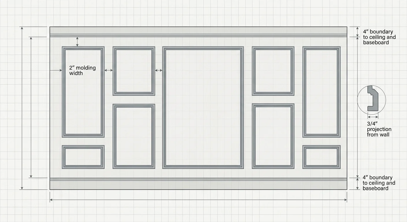 A minimalist technical diagram detailing the layout and precise measurements of classical picture frame molding.