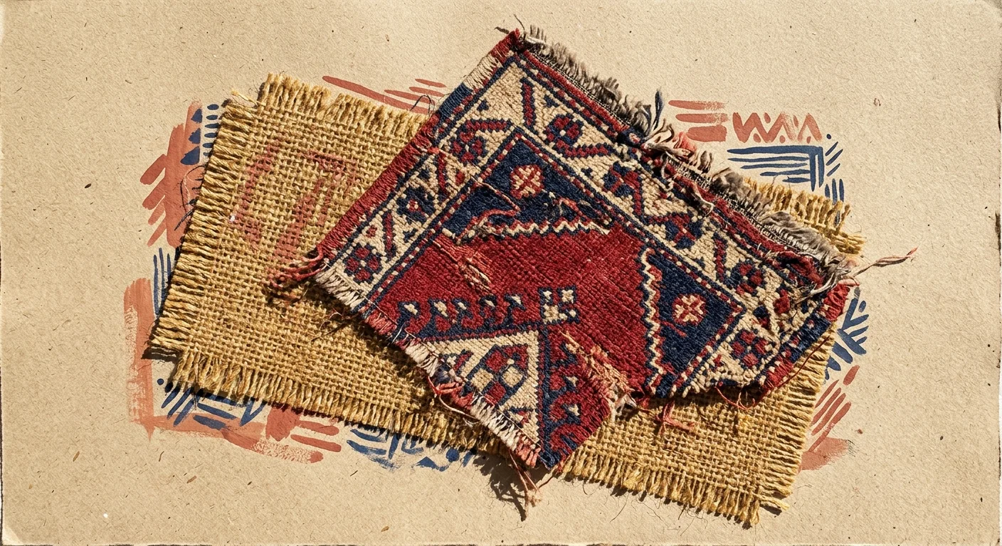 A mixed-media collage showing a patterned vintage red Kilim layered over a rough, golden-brown woven jute foundation rug.