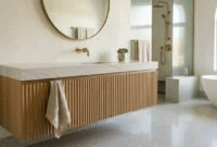 A modern bathroom featuring a custom white oak fluted vanity with a thick quartzite countertop and brushed brass fixtures.