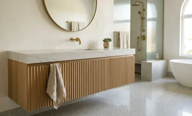 A modern bathroom featuring a custom white oak fluted vanity with a thick quartzite countertop and brushed brass fixtures.