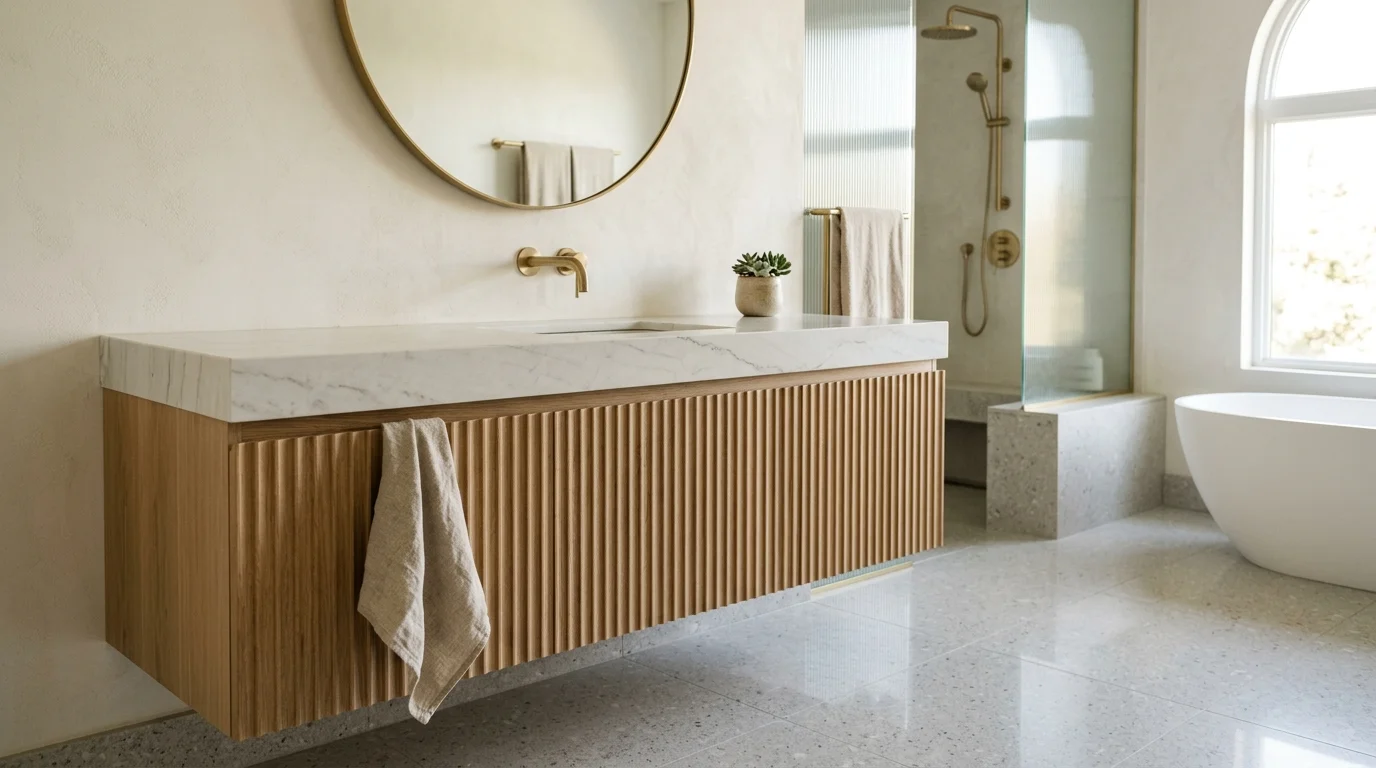 A modern bathroom featuring a custom white oak fluted vanity with a thick quartzite countertop and brushed brass fixtures.