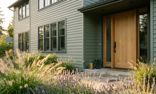 A modern house exterior painted in trendy matte sage green with charcoal window trim and a natural wood door during golden hour.