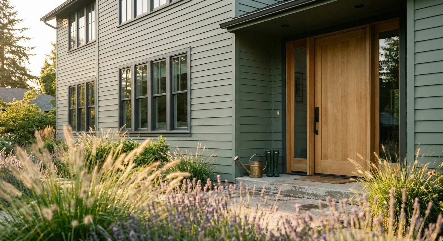 A modern house exterior painted in trendy matte sage green with charcoal window trim and a natural wood door during golden hour.
