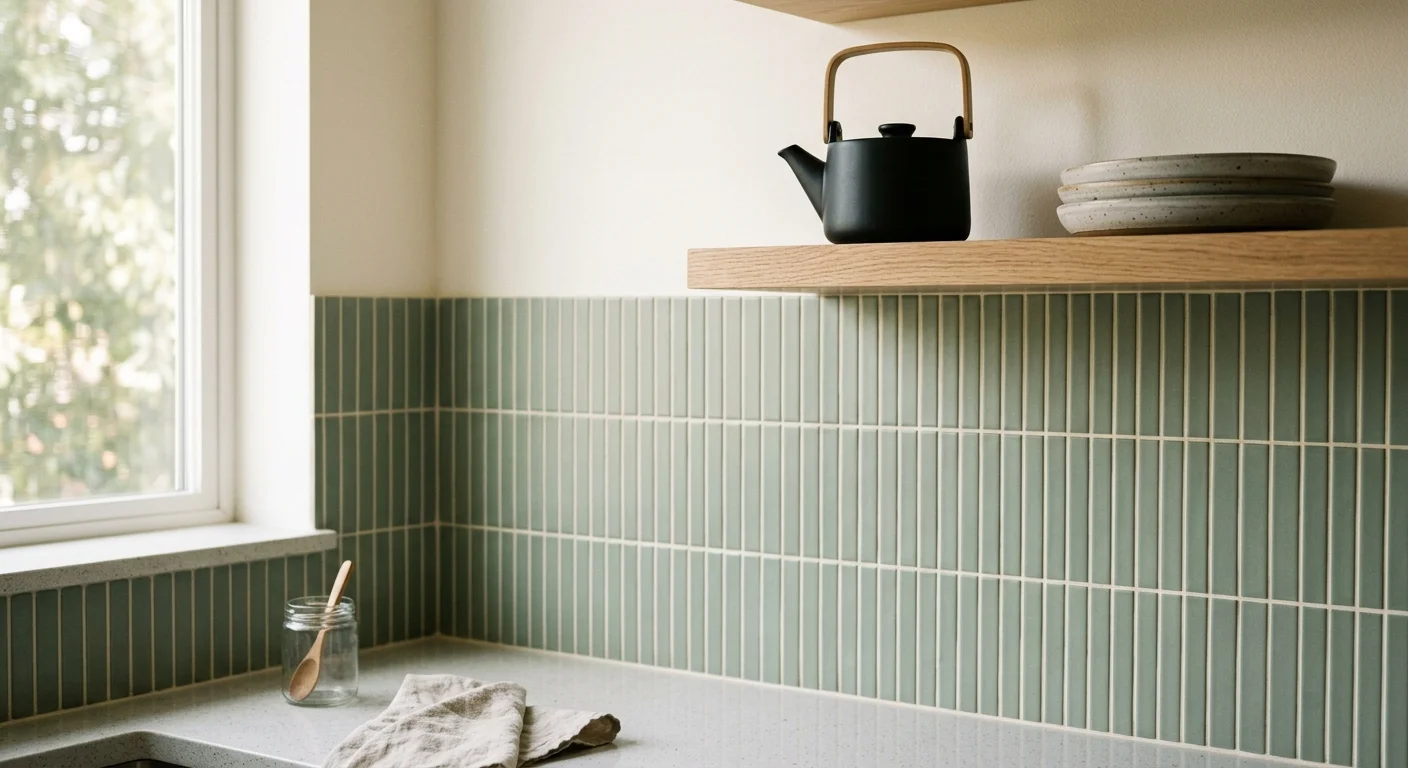 A modern kitchen corner with vertical sage green Kit-Kat mosaic tiles running up to a floating oak shelf with ceramic dishes.