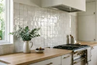 A modern kitchen featuring a pearlescent white Moroccan Zellige tile backsplash, white oak countertops, and soft morning sunlight.