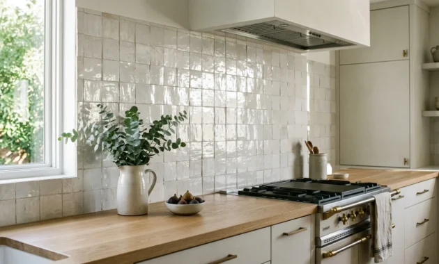 A modern kitchen featuring a pearlescent white Moroccan Zellige tile backsplash, white oak countertops, and soft morning sunlight.