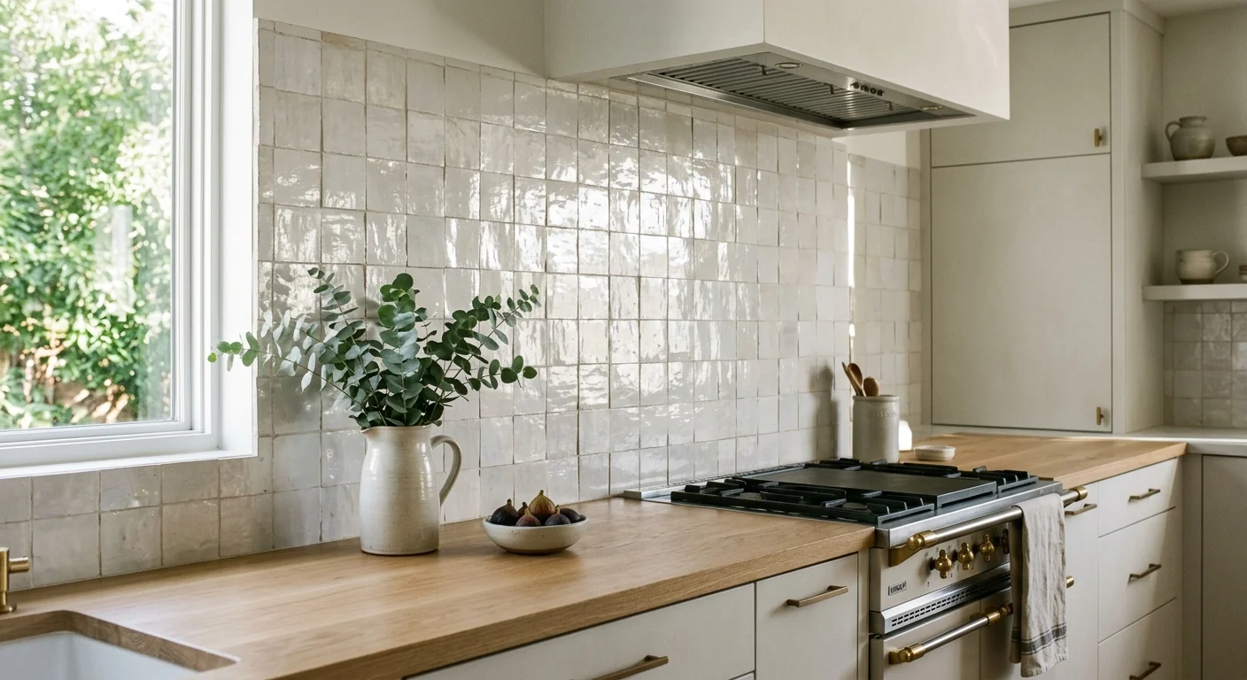 A modern kitchen featuring a pearlescent white Moroccan Zellige tile backsplash, white oak countertops, and soft morning sunlight.
