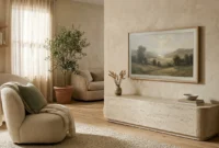 A modern living room showing a flat-screen TV integrated into a gallery wall as framed art above a low travertine console.