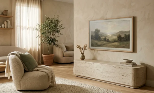 A modern living room showing a flat-screen TV integrated into a gallery wall as framed art above a low travertine console.