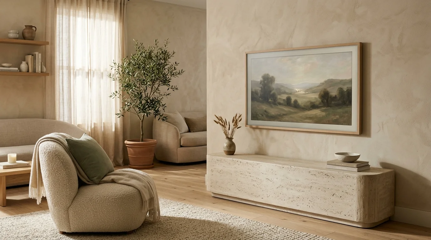 A modern living room showing a flat-screen TV integrated into a gallery wall as framed art above a low travertine console.