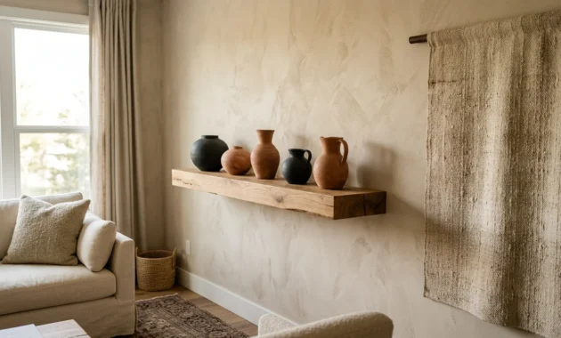 A modern living room wall displaying a white oak floating shelf with ceramic urns and a linen tapestry under warm afternoon light.