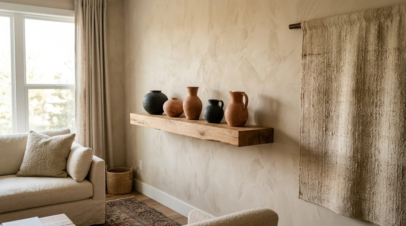 A modern living room wall displaying a white oak floating shelf with ceramic urns and a linen tapestry under warm afternoon light.