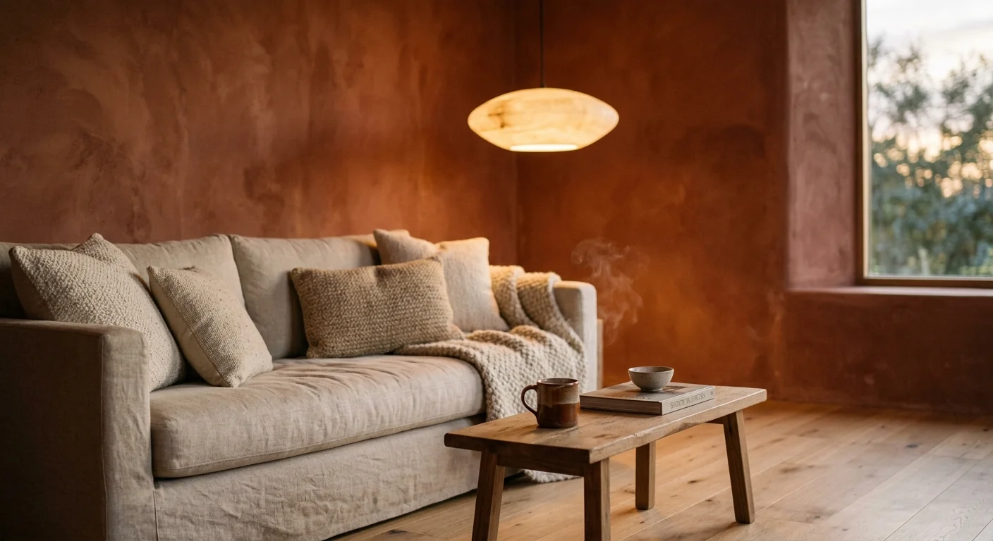 A modern living room with matte terracotta lime-wash walls, a light oak floor, and a warm glowing pendant lamp.